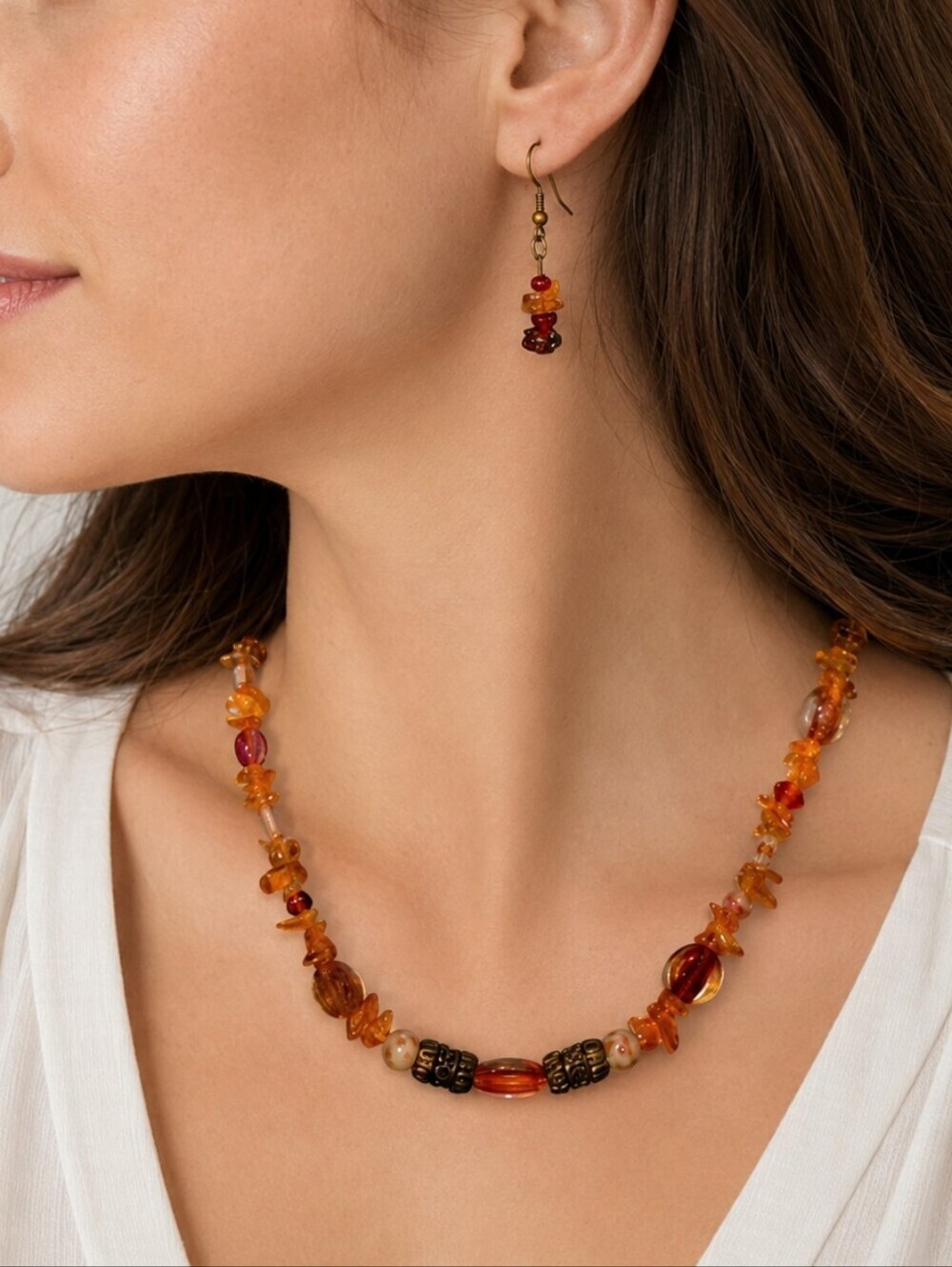 HANDMADE Orange Art Glass Chip Beaded Necklace Earrings Set